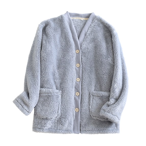 WMTBSRSW Women's Fuzzy Fleece Pajamas Tops Thickened Long Sleeve Sleep Tops Warm Winter V Neck Button Down Top Blue