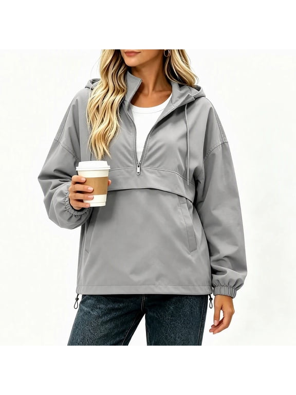 Women's Half Zip Raincoat Removeable Hood Pullover Lightweight Waterproof Long Sleeve Hoodie with Pocket Windbreaker Tops Gray X-Large