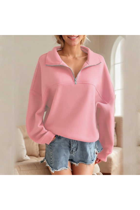 Women's Half Zip Sweatshirts Fashion Loose Long Sleeve Blouse Solid Casual Qualter Zipper Pullover Tops Fall Winter Clothes Pink Medium