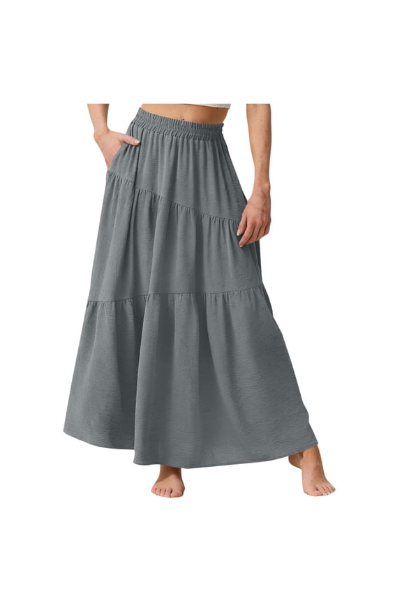 Women's High Waist Tiered Maxi Skirt Casual Flowy A-Line Long Skirt with Pockets Gray XX-Large