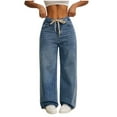 thumbnail image 1 of WMTBSRSW Women's High Waisted Wide Leg Jeans Baggy Comfort Stretch Denim Pants Vintage Boysfriends Lounge Pants with Pockets for Petite & Tall Streetwear Blue L, 1 of 8