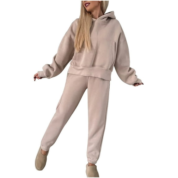 WMTBSRSW Women's Hoodie Sweatsuits 2 Piece Outfits Long Sleeve Hooded Sweatshirt and Sweatpants Solid Loose Sweatsuit Set