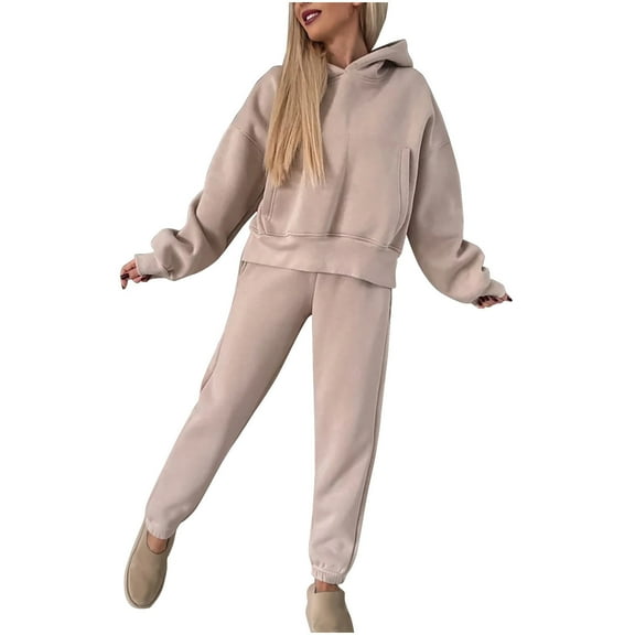 WMTBSRSW Women's Hoodie Sweatsuits 2 Piece Outfits Long Sleeve Hooded Sweatshirt and Sweatpants Solid Loose Sweatsuit Set
