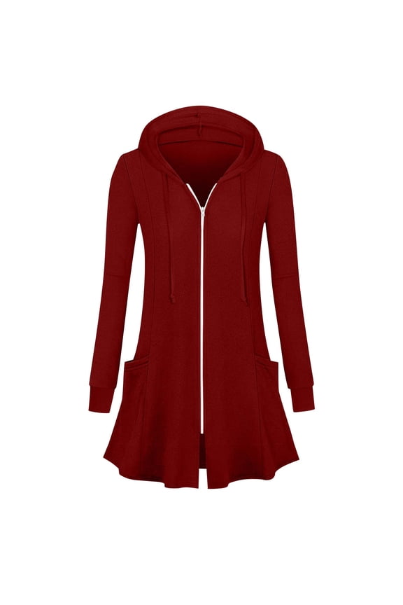 Women's Hoodies Ruffle Flowy Hem Zip up Hooded Jackets Y2k Sweatshirts Fashion Slim Fit Fall Mid Length Jackets with Pockets Wine