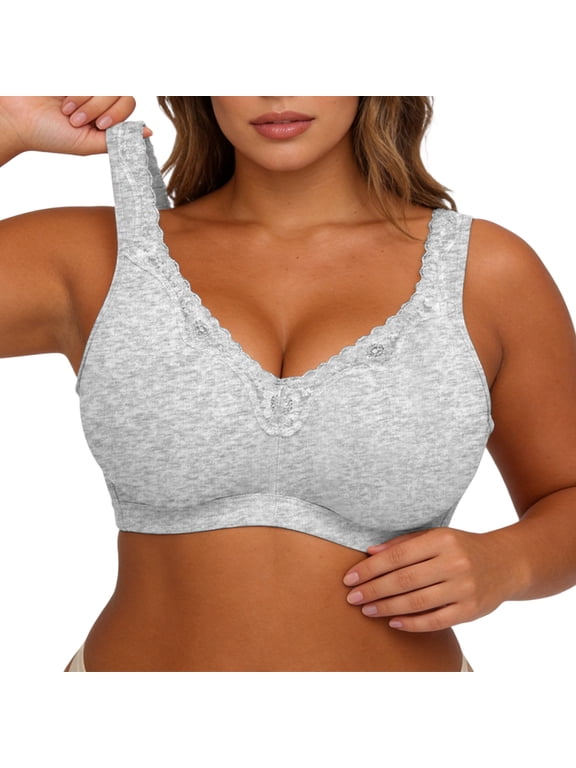 Women's Large Bust Wireless Bras Lace Trim Plus Size Wireless Bras Wide Strap No Underwire Push Up Bra Seamless Full Coverage Everyday Bras Gray 120G
