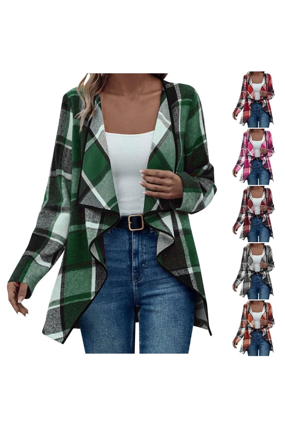 Women's Lightweight Cardigan Jackets Casual Soft Ruffle Plaid Long Sleeve Cardigans Fashion High Low Hem Draped Duster Shacket Jakcets Orange Medium