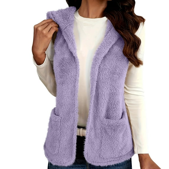 WMTBSRSW Women's Lightwieght Fuzzy Fleece Vest Sleeveless Cardigan Short Jackets with Hood Fall Plush Open Front Waistcoat Casual Outwear with Pockets Purple XX-Large