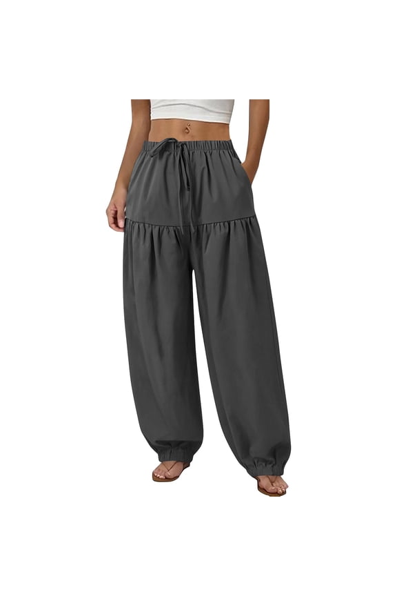 Women's Linen Pants Lightweight Drawstring Harem Pants with Pockets Loose Ruffle Hem Trousers for Summer Large Dark Gray
