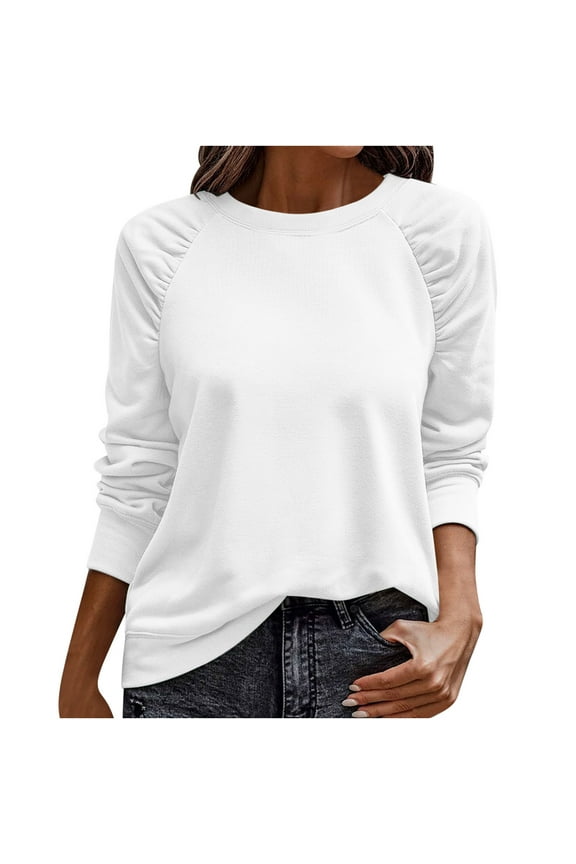 Women's Long Sleeve Pullover Solid Color Ruched Drop Shoulder Sweatshirt Casual Crewneck Going ou Tops White