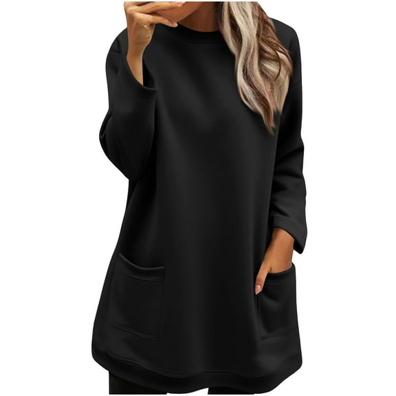 WMTBSRSW Women's Long Sleeve Tunic Tops Casual Loose Sweatshirts Fall Winter Going out Tops Crewneck Pullover Blouse Sweatshirt with Pockets Black