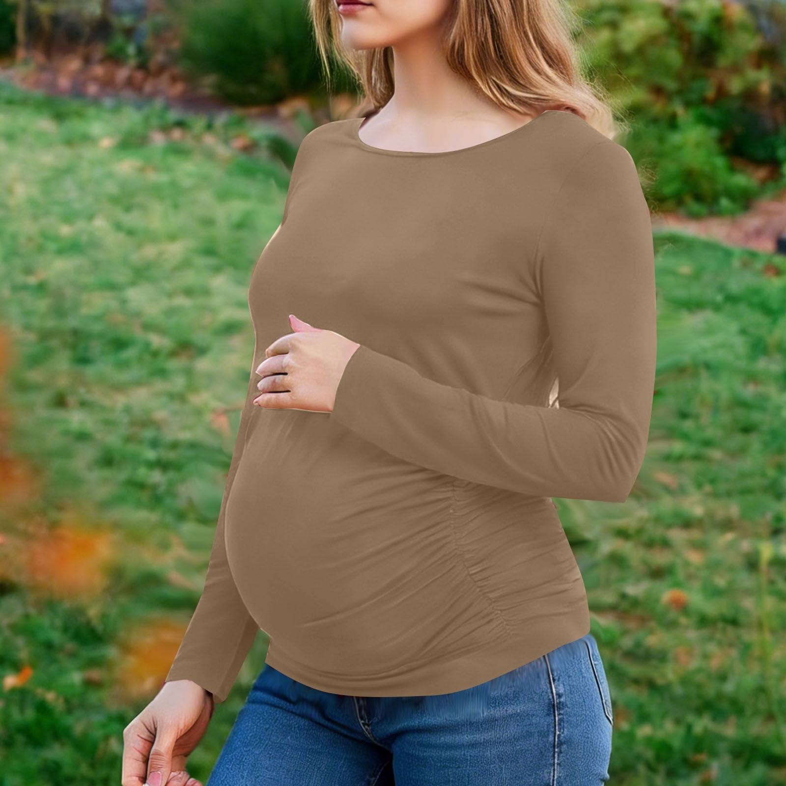 Women's Maternity Shirts Crewneck Maternity Top Long Sleeve Casual Tee with Side Ruched Solid Casual Pregnancy Clothes Khaki Medium