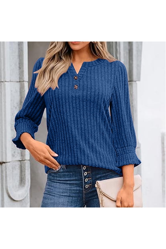 Women's Mini Flaare 3/4 Sleeve Tops Fall Fashion Henley Shirts Soft Solid Button Ribbed Knit Casual Basic Tops Blouse Navy XX-Large