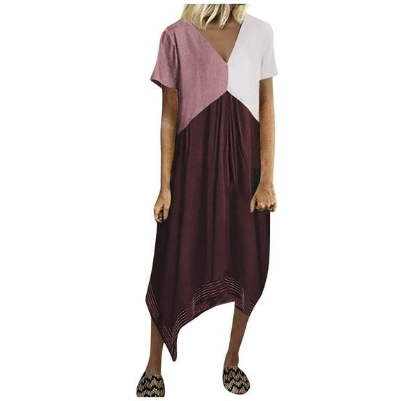 WMTBSRSW Women's Oversized Beach Dress Color Block Sleeveless V Neck Casual Dress Asymmetric Hem Flowy Swing Summer Short Sleeve Dress for Vacation