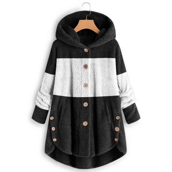 WMTBSRSW Women's Oversized Fuzzy Fleece Hoodies Wearable Blanket Hoodie Side Button Hooded Sweatshirt with Hood Color Block Plush Sherpa Hoodies Black Medium