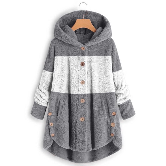WMTBSRSW Women's Oversized Fuzzy Fleece Hoodies Wearable Blanket Hoodie Side Button Hooded Sweatshirt with Hood Color Block Plush Sherpa Hoodies Gray X-Large