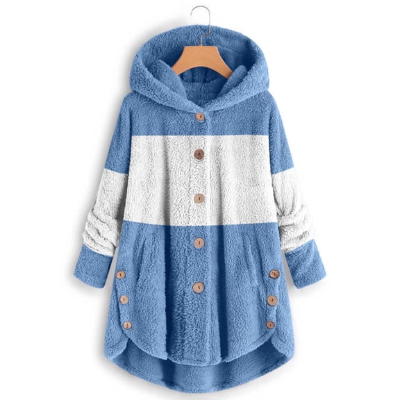 WMTBSRSW Women's Oversized Fuzzy Fleece Hoodies Wearable Blanket Hoodie Side Button Hooded Sweatshirt with Hood Color Block Plush Sherpa Hoodies Light Blue X-Large
