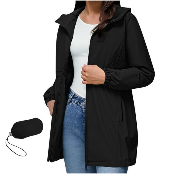 WMTBSRSW Women's Packable Travel Rain Jacket Lightweight Solid Commuting Rain Jacket for Bike to Work Waterproof Full zip up Hooded Jackets with Pockets Black M