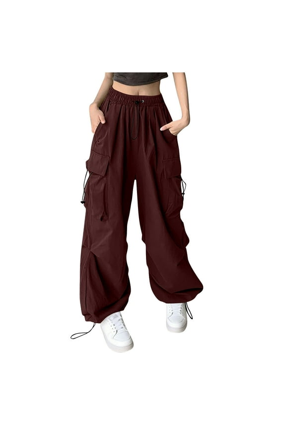 Women's Personalized Tie Belt Sweatpants for Women Elastic Bottom Cargo Parachute Sweatpants Y2K Rave Sweatpants Gothic Streetweer Baggy Trousers Wine M