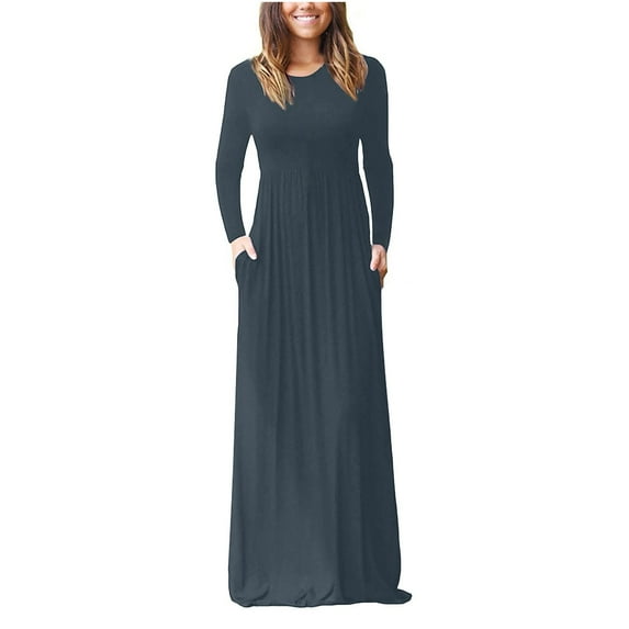 WMTBSRSW Women's Plus Size Beach Dress Casual Long Sleeve Maxi Dress Lightweight Loose Solid Color Pleated Spring Summer Dress with Pockets