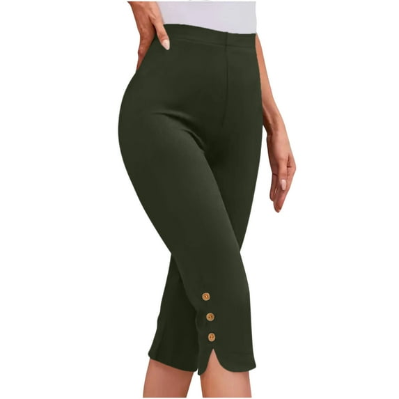 WMTBSRSW Women's Plus Size Capris High Waisted Cropped Legging with Button Hem Slim Fit Seamless Tummy Control Workout Yoga Capri Pants Solid Basic Style