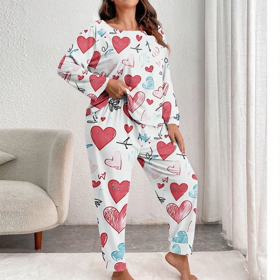WMTBSRSW Women's Plus Size Pajama Sets Comfortable Long Sleeve Sleep Tops with Long Pant Soft Sleepwear Printed Pj Loungewear White XL