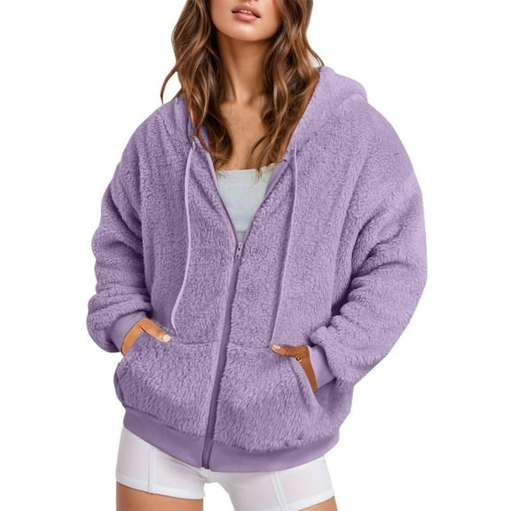 WMTBSRSW Women's Plus Size S-5XL Fuzzy Fleece Hoodie Coat Fashion Plush Sherpa Zip Up Jackets Casual Winter Hooded Sweatshirt with Pockets Purple 4X-Large