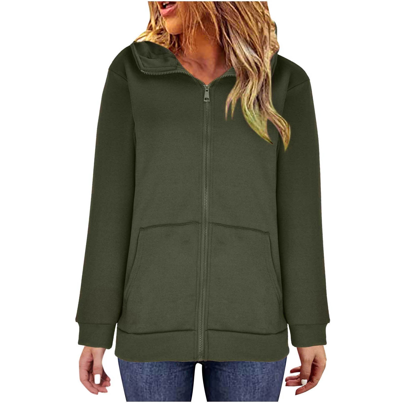 WMTBSRSW Women's Plus Size S-5XL Hoodies Zip Up Solid Hooded Sweatshirts Casual Long Sleeve Sweatshirts with Pockets Fleece Lined Hood Jackets Army Green XX-Large