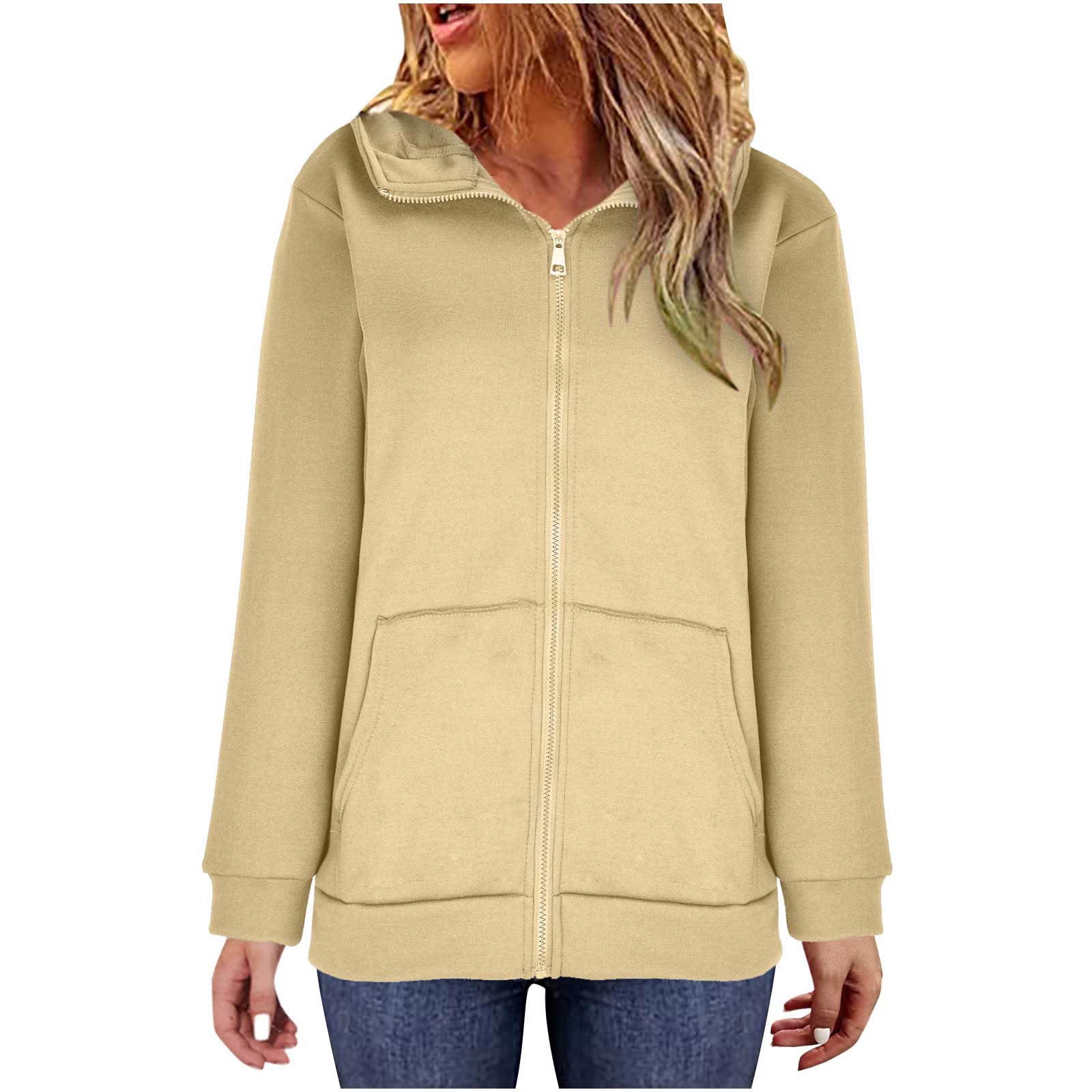 WMTBSRSW Women's Plus Size S-5XL Hoodies Zip Up Solid Hooded Sweatshirts Casual Long Sleeve Sweatshirts with Pockets Fleece Lined Hood Jackets Beige Small