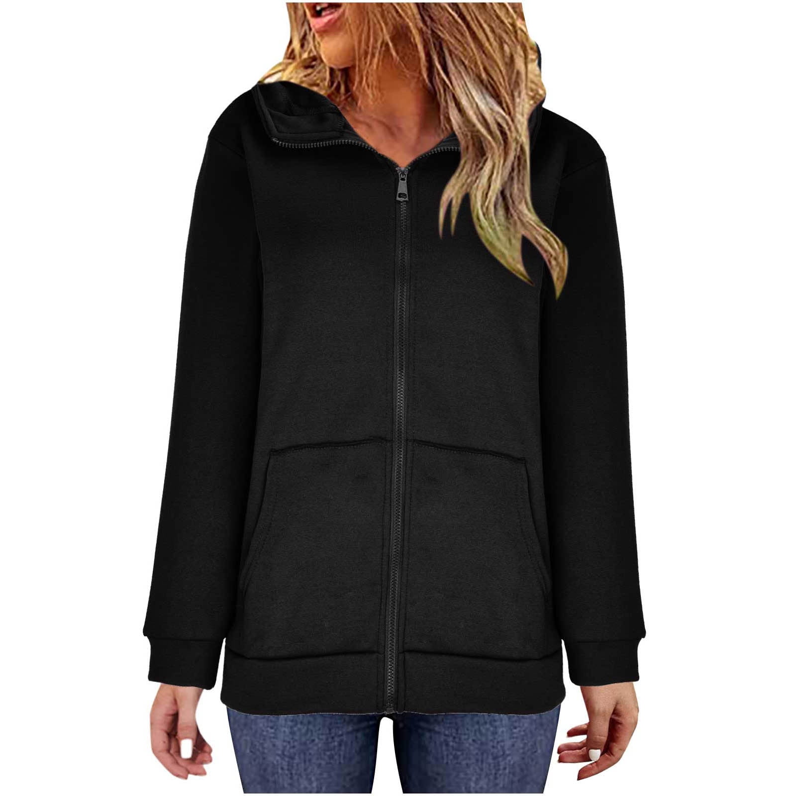 WMTBSRSW Women's Plus Size S-5XL Hoodies Zip Up Solid Hooded Sweatshirts Casual Long Sleeve Sweatshirts with Pockets Fleece Lined Hood Jackets Black 3X-Large