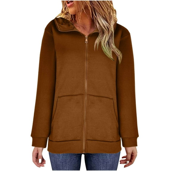 WMTBSRSW Women's Plus Size S-5XL Hoodies Zip Up Solid Hooded Sweatshirts Casual Long Sleeve Sweatshirts with Pockets Fleece Lined Hood Jackets Coffee 4X-Large