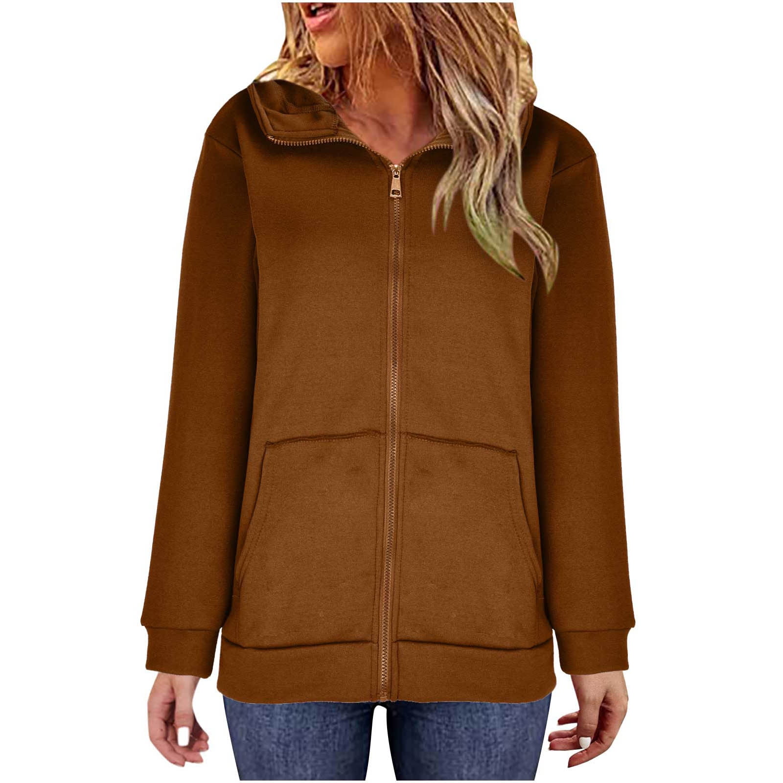 WMTBSRSW Women's Plus Size S-5XL Hoodies Zip Up Solid Hooded Sweatshirts Casual Long Sleeve Sweatshirts with Pockets Fleece Lined Hood Jackets Coffee Medium