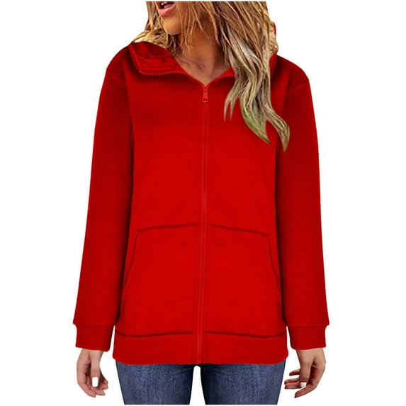 WMTBSRSW Women's Plus Size S-5XL Hoodies Zip Up Solid Hooded Sweatshirts Casual Long Sleeve Sweatshirts with Pockets Fleece Lined Hood Jackets Red 3X-Large