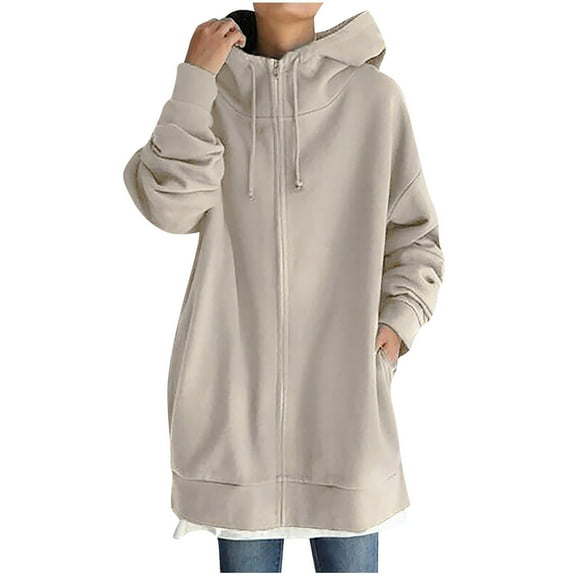 WMTBSRSW Women's Plus Size S-5XL Long Hoodies Fashion Zip Up Drawstring Long Sleeve Hooded Sweatshirts Solid Casual Sweatshirts with Pockets Khaki2 5X-Large