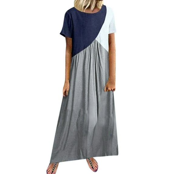 WMTBSRSW Women's Plus Size Summer Dress Color Block Loose Casual Short Sleeve T Shirt Dress Round Neck Summer Beach Swing Pleated Long Dress