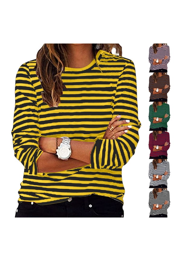 Women's Plus Size Tops Striped Long Sleeve Shirts Loose Casual Fall Winter Basic Crewneck Undershirts Yellow 4X-Large