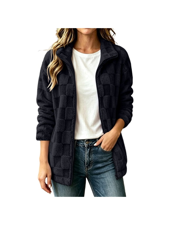 Women's Plush Fleece Zip up Jackets Soft Stand Collar Fuzzy Coats Long Sleeve Bed Jackets with Pockets Winter Warm Sleepwear Black Small