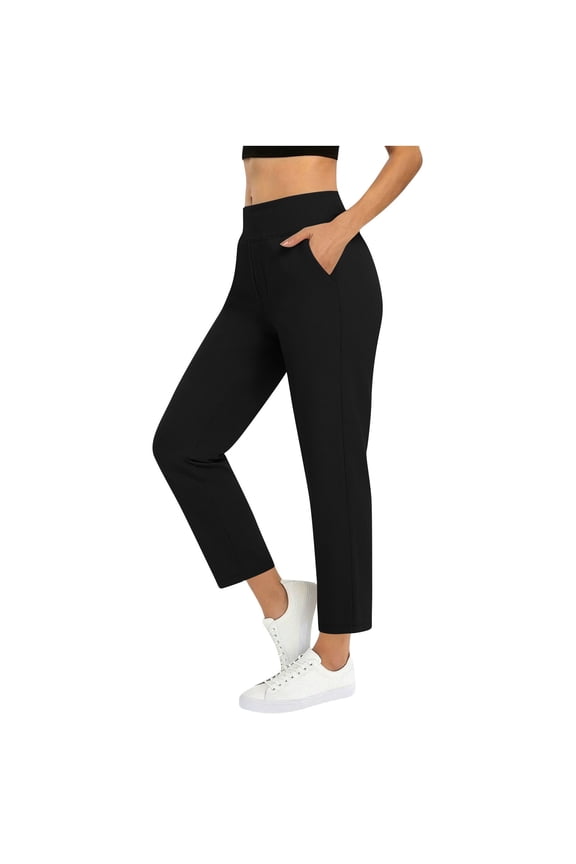 Women's Pull on Pants with Pockets Straight Leg Stretch Work Travel Pant 7/8 Stretch Ankle Sweatpants for Athletic, Lounge, Black Large