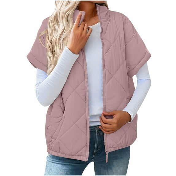 WMTBSRSW Women's Quilted Vest with Pokcets Lightweight Short Sleeve Zip up Puffer Jackets Stand Collar Padded Warm Waistcoat Outwear No Hood M