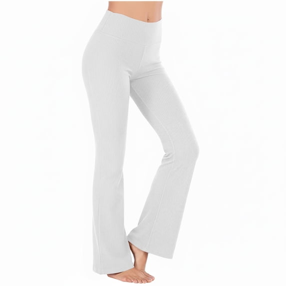 WMTBSRSW Women's Ribbed Knit Flared Yoga Pants Casual High Waisted Leggings Stretch Breathable Trousers for Yoga Gym Workout Running Daily Wear White Small