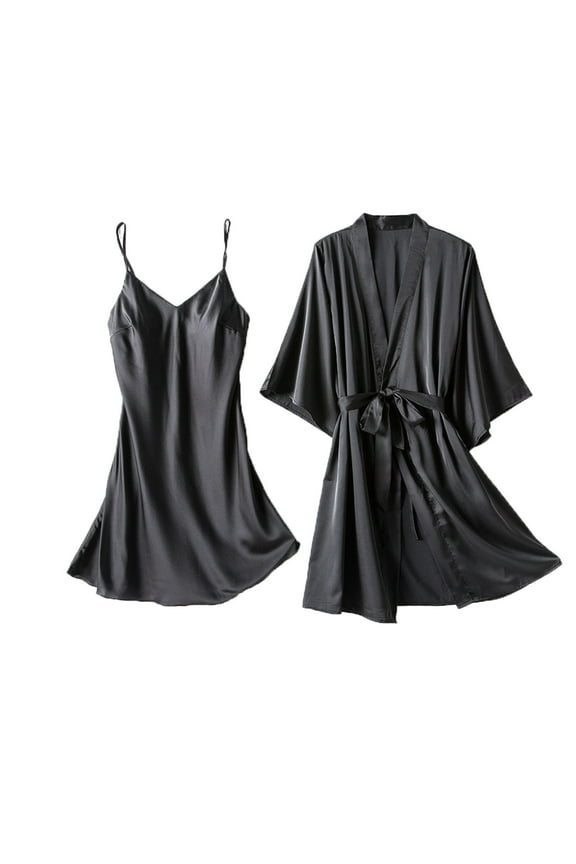 Women's Satin Short Robe Set Soft Pajama Set 2 Pieces Sleeveless Nightgown and Short Sleeve Bathrobe Lightweight Sleepwear Sets S-4XL
