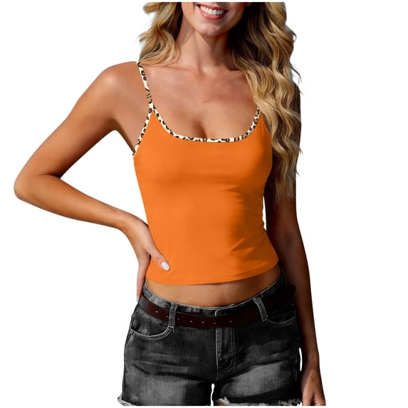 WMTBSRSW Women's Scoop Neck Camisole Tank Tops Leopard Print Spaghetti Strap Sleeveless Top Fitted Basic Tank for Layering Orange Medium