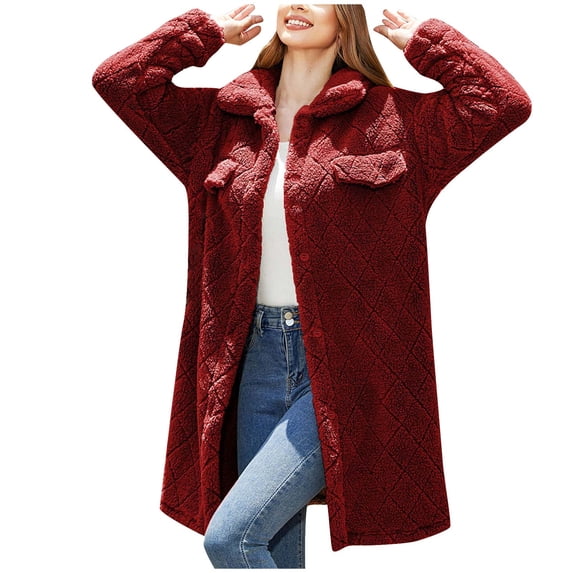 WMTBSRSW Women's Sherpa Fleece Jacket Casual Fuzzy Teddy Shacket Coat Warm Winter Button Down Fluzzy Outwear Jackets Lapel Open Front Long Cardigan Coat Red X-Large