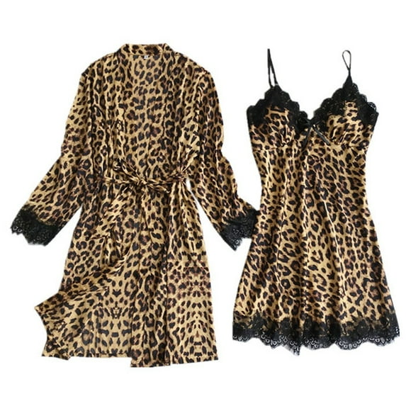 dazeni Women's Silk Pajama Sets Satin Robe with Nightgown 2 Piece Sleepwear Leopard Print Cami Nightwear Lace Trim Kimono Bridesmaid Robes Soft Comfy Sleepwear Loungewear