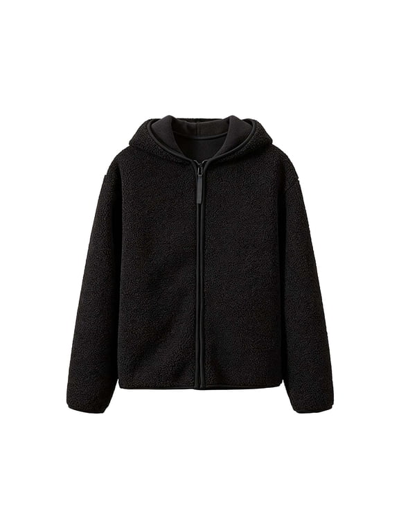 Women's Soft Polar Fleece Jacket Full Zip Hooded Sweatshirts Winter Warm Long Sleeve Teddy Outwear with Pockets Black Large