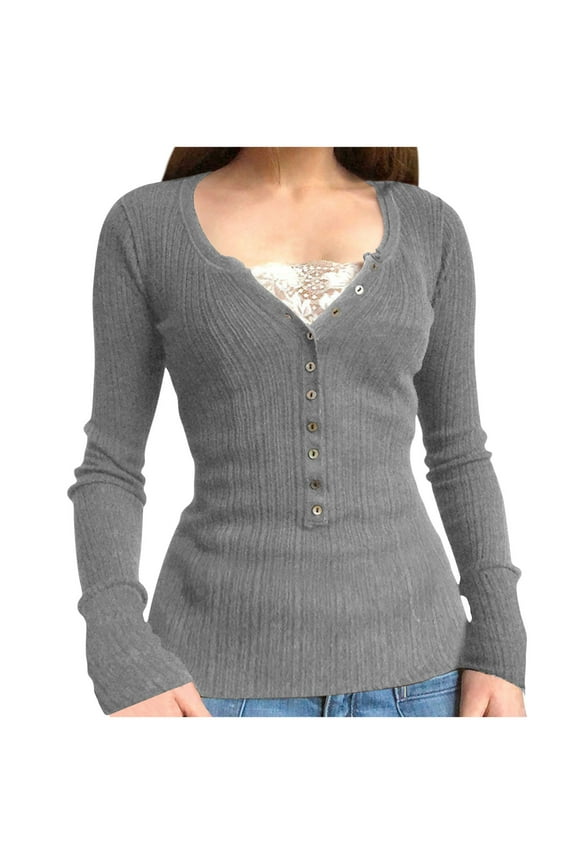 Women's Spring Fall Long Sleeve Henley T Shirts Button Ribbed Knit Slim Fit Blouse Lace Trim Casual Basic Tops