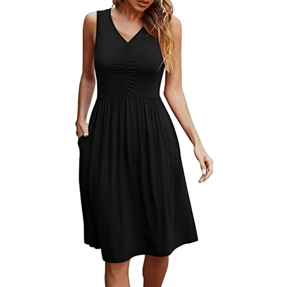 WMTBSRSW Women's Summer Dress for Women 2025 V Neck Pleated Midi Dress with Pokcets Solid Color Loose Casual Sleeveless A Line Swing Tank Dress