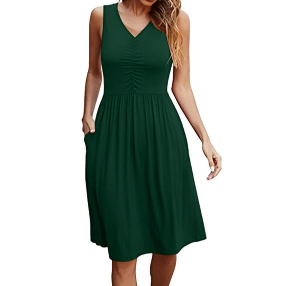 WMTBSRSW Women's Summer Dress for Women 2025 V Neck Pleated Midi Dress with Pokcets Solid Color Loose Casual Sleeveless A Line Swing Tank Dress