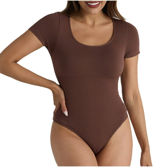 WMTBSRSW Women's Tummy Control Shapewear Bodysuit Scoop Neck Seamless Body Shaper Short Sleeve Thong Body Suit Shirts Yoga Workout Jumpsuit