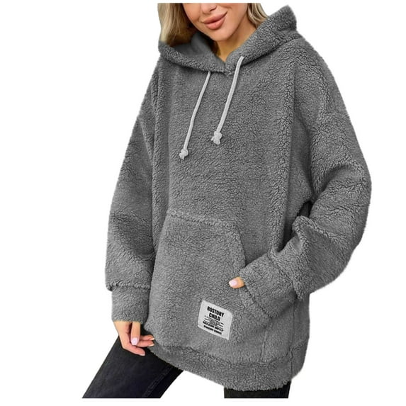 WMTBSRSW Women's Warm Winter Oversized Hoodies Fuzz Fleece Hoodie Sweatshirt Thermal Plush Sherpa Pullover with Kanga Pocket Gray Small