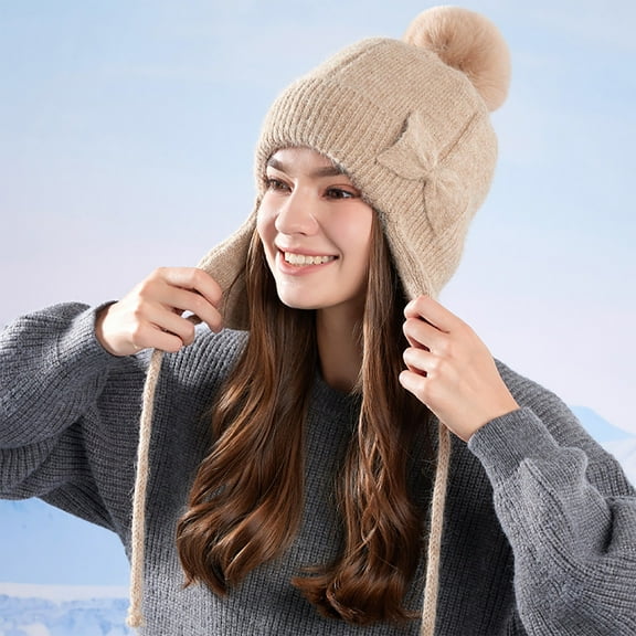 dazeni Women's Winter Pompom Beanie Warm Hat with Pom Pom Thermal Soft Bowknot Knit Cap with Ear Cover Thick Cable Slouchy Soft for Ski Cold Weather Khaki Free Size